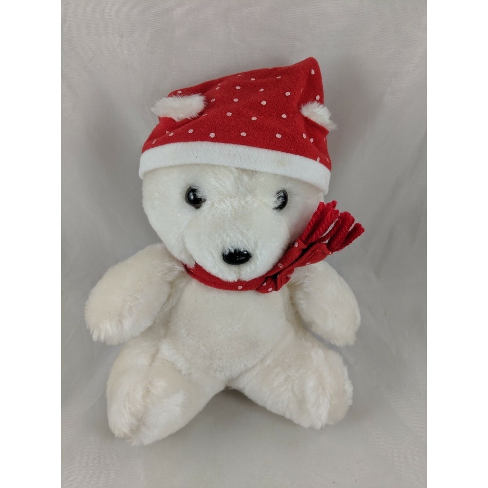 White Bear Plush Christmas Red Cap Scarf Davidcraft Corp 8 Inch Stuffed Animal
